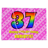 37. Geburtstag: Rosa Streifen & Herz, Regenbogen # Große Geschenktüte (Rückseite)