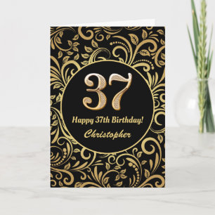 37. Geburtstag Schwarz-Gold-Blütenmuster Karte