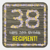 38. Geburtstag: Blumennummer, Imitate Holzbild, Na Quadratischer Aufkleber (Vorderseite)