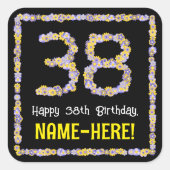38. Geburtstag: Blumennummer, Individuelle Name, B Quadratischer Aufkleber (Vorderseite)