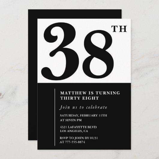 38. Geburtstag Einladungen Schwarz-Weiß-Elegant (Vorne/Hinten)