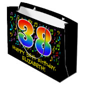 38. Geburtstag - Farbige Musiksymbole, Regenbogen Große Geschenktüte (Rückseite Schrägansicht)