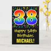 38. Geburtstag: Farbige Musiksymbole + Regenbogen Karte (Gelbe Blume)