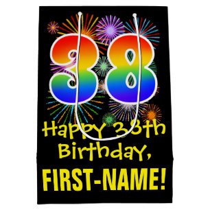 38. Geburtstag: Fun Fireworks Pattern + Rainbow 38 Mittlere Geschenktüte