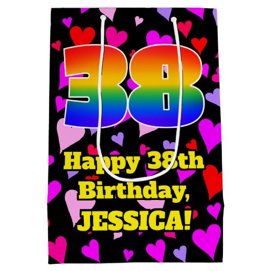 38. Geburtstag: Loving Hearts Pattern, Regenbogen Mittlere Geschenktüte (Rückseite)