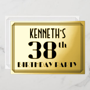 38. Geburtstagsfeier: Art Deco-Look „38“ und Name Folieneinladung