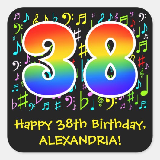 38th Birthday: Colorful Music Symbolik, Rainbow 38 Quadratischer Aufkleber (Vorderseite)