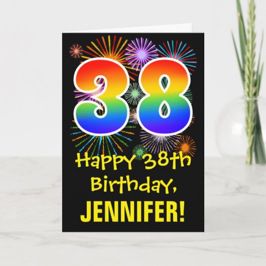 38th Birthday: Fun Fireworks Pattern + Rainbow 38 Karte (Vorderseite)