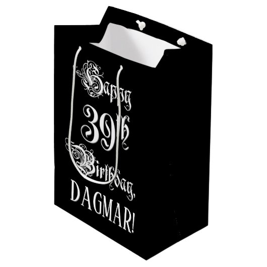 39. Geburtstag: Extravagant, elegant, Script + Ind Mittlere Geschenktüte (Vorderseite Schrägansicht)