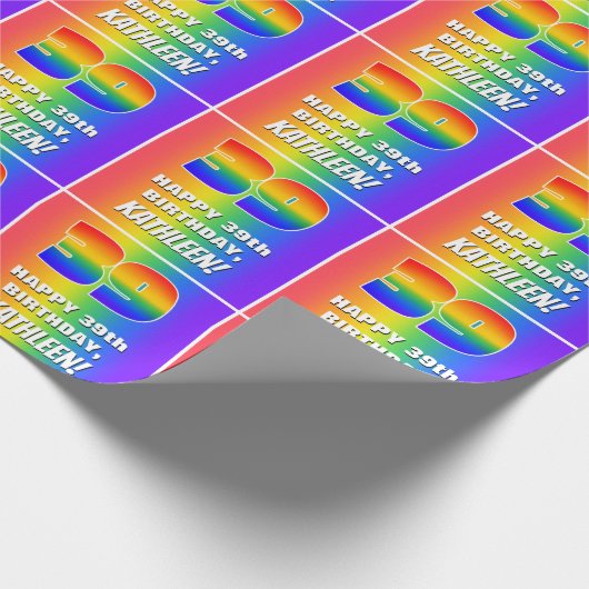 39. Geburtstag: Farbiges, lustiges Regenbogenmuste Geschenkpapier (Ecke)
