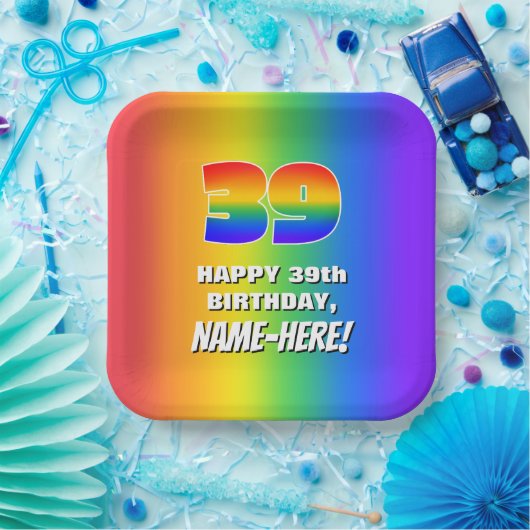 39. Geburtstag: Farbiges, lustiges Regenbogenmuste Pappteller (Party)