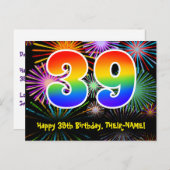 39. Geburtstag - Fun Fireworks Pattern + Regenboge Postkarte (Vorne/Hinten)