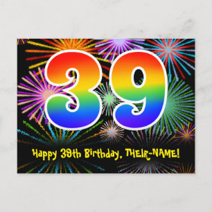 39. Geburtstag - Fun Fireworks Pattern + Regenboge Postkarte