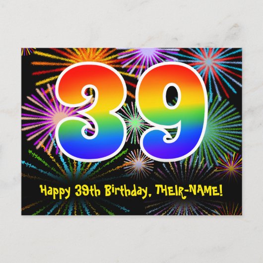 39. Geburtstag – Lustiges Feuerwerk Muster + Regen Postkarte (Vorderseite)