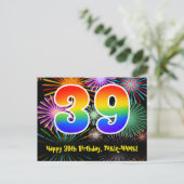 39. Geburtstag – Lustiges Feuerwerk Muster + Regen Postkarte (Stehend Vorderseite)
