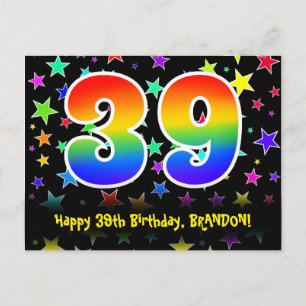 39. Geburtstag: Lustiges Sterne-Muster, Regenbogen Postkarte