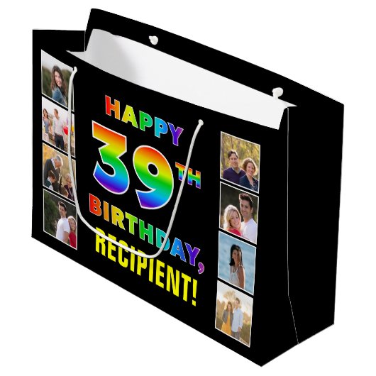39. Geburtstag: Regenbogentext, benutzerdefinierte Große Geschenktüte (Vorderseite Schrägansicht)