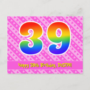 39. Geburtstag: Rosa Streifen & Herzen, Regenbogen Postkarte