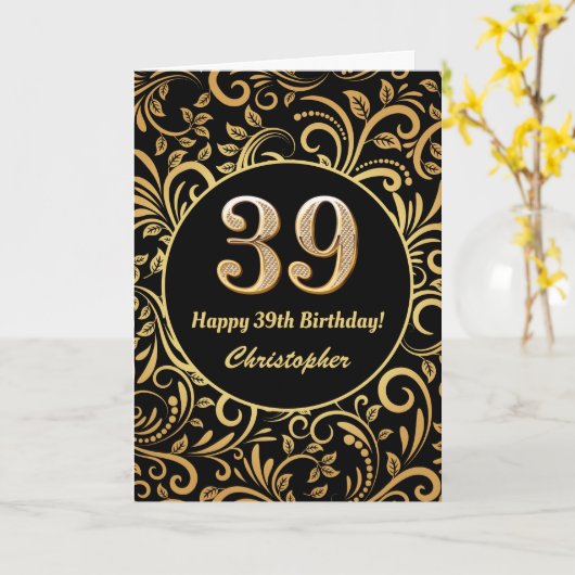 39. Geburtstag Schwarz-Gold-Blütenmuster Karte (Gelbe Blume)