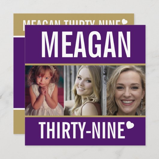 39. Geburtstagsfeier lila goldweißes Foto Einladung (Vorne/Hinten)