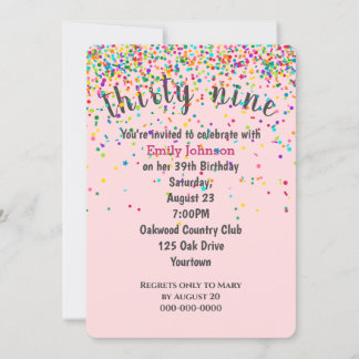 39. Geburtstagsparty Confetti auf Rosa Einladung