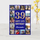39. Happy Birthday Navy Blue & Gold Foto Collage Karte (Gelbe Blume)