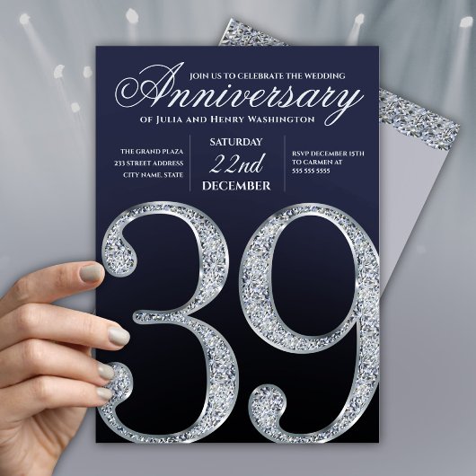 39th Anniversary Diamond Silver Navy Blue Einladung