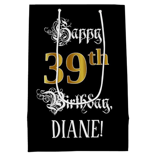 39th Birthday ~ Fancy Script; Faux Gold Look; Name Mittlere Geschenktüte (Rückseite)