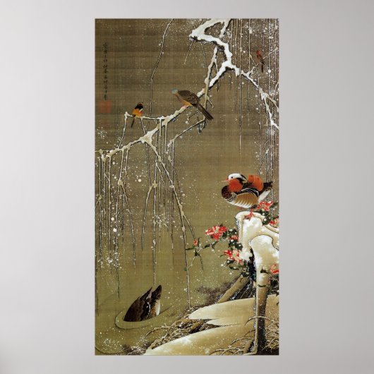 3. 雪 中 鴛 図, 若 冲 Mandarin Duck im Schnee, Jakuchū Poster (Vorne)
