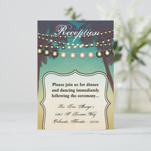 3.12x18 Empfang Card Beach Sunset Palm Tree Strin Einladung (Stehend Vorderseite)