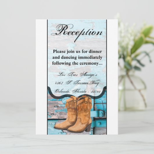 3.12x18 Empfang Card Blue Wood Stall Doot Stiefel Einladung (Stehend Vorderseite)