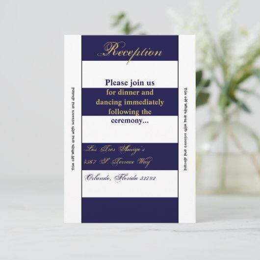 3.12x18 Empfang Card Modernes Strip Navy White Con Einladung (Stehend Vorderseite)