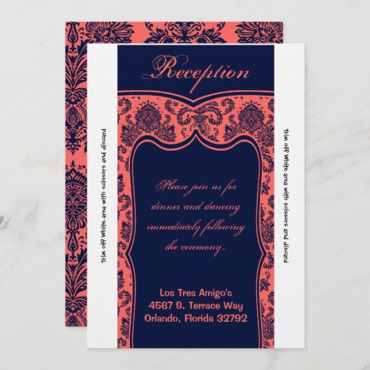 3.12x18 Empfang Card Navy Blue Coral Damask Einladung (Vorne/Hinten)
