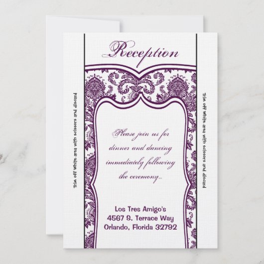 3.12x18 Empfang Kartenklemme Lila Damask Einladung (Vorderseite)