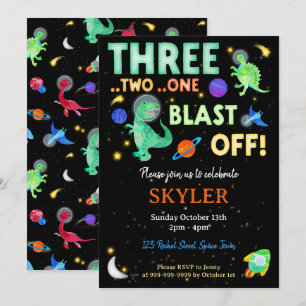 3 2 1 Blast Off Dinosaur Raum 3. Geburtstag  Einladung