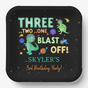3 2 1 Blast Off Dinosaur Raum 3. Geburtstag Pappteller