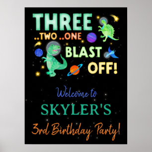 3 2 1 Blast Off Dinosaur Raum Geburtstag Willkomme Poster