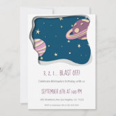 3 2 1 Blast Off Galaxy Theme Girl Erstgeburt Einladung (Vorderseite)