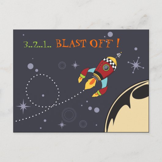 3,2,1 Blast Off, Retro-Rakete Postkarte (Vorderseite)