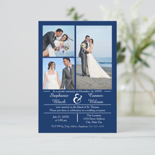 3/4 Fotos Vertikales Blau- 3x5 Hochzeitsankündigun Einladung (Stehend Vorderseite)