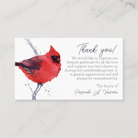 3.54x2.165 Kardinal Beerdigung Danke Fotokarte Visitenkarte (Vorderseite)