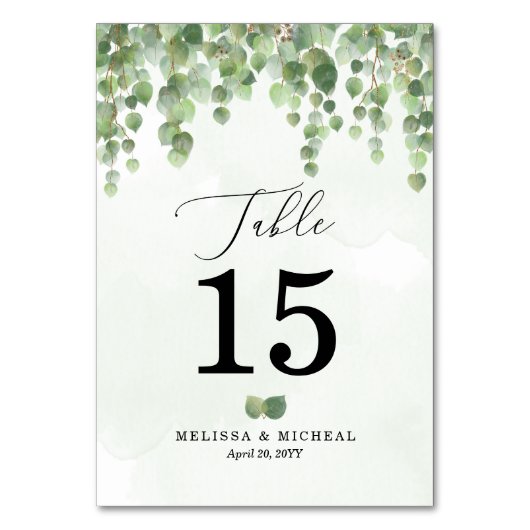 3,5 x 5 🌿 Kaskadierender Wasserfarben Eukalyptus Tischnummer (Vorderseite)