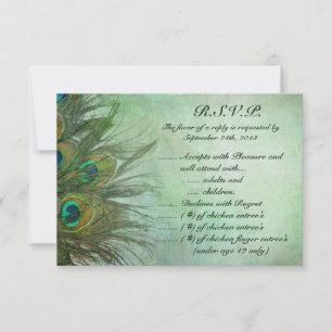 3,5 x 5 R.S.V.P Reply Card Peacock Green Feathers Einladung