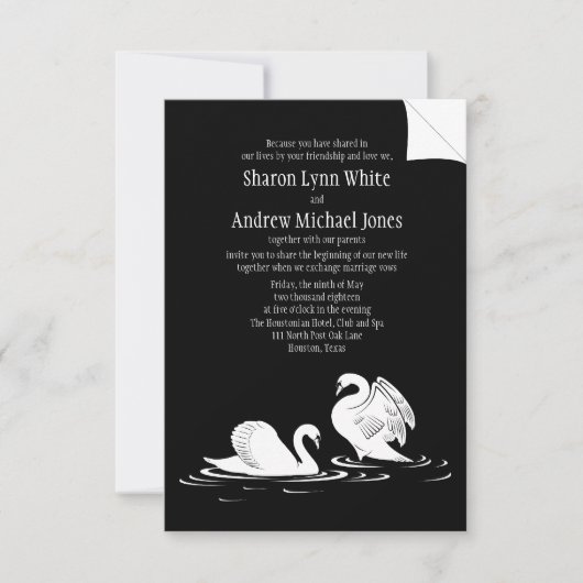 3,5" x 5" Swan Couple Black Wedding Einladung (Vorderseite)