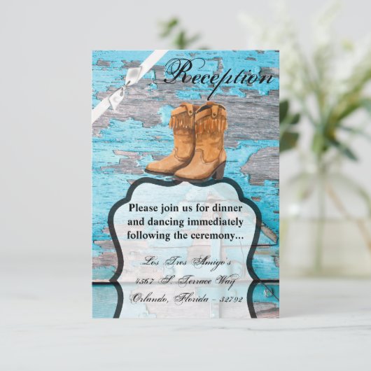 3.5x5 Empfang-Karte Blauer Holzstall Stiefel Einladung (Stehend Vorderseite)