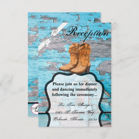 3.5x5 Empfang-Karte Blauer Holzstall Stiefel Einladung (Vorne/Hinten)