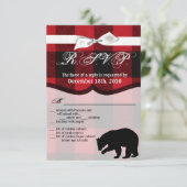 3,5x5 R.S.V.P.-Karte Roter Karierter schwarzer Bär Einladung (Stehend Vorderseite)