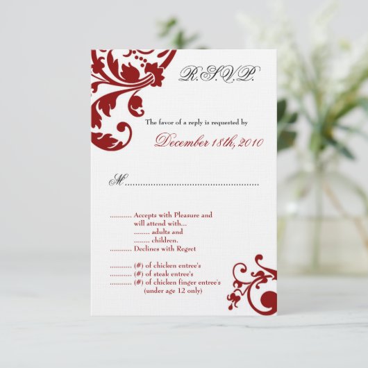 3,5x5 Red Floral Filigree R.S.V.P Karte (Stehend Vorderseite)
