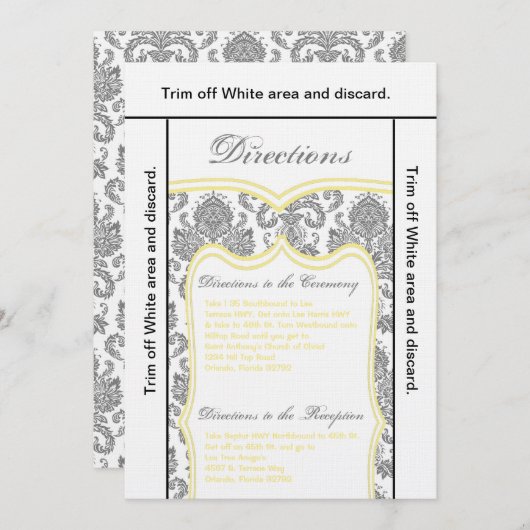 3.5x6 Fahrtkarte Grauer Yello Damask Einladung (Vorne/Hinten)