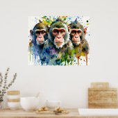 3 Affen Farben Wasserfarbe Kunst Poster (Küche)